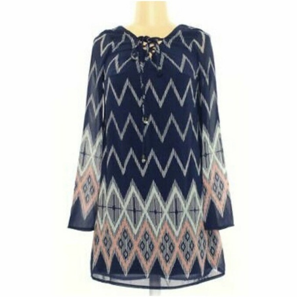 Xhilaration Tunic Dress Boho Flared Sleeves Size M Blue Pink Sheer